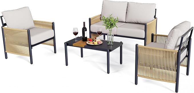 Aluminum Patio Furniture Set, 4 Seats Outdoor Patio Furniture with Coffee Table, Outdoor Wicker Conversation Sets with Cushion for Backyard, Balcony,Porch,Light Grey