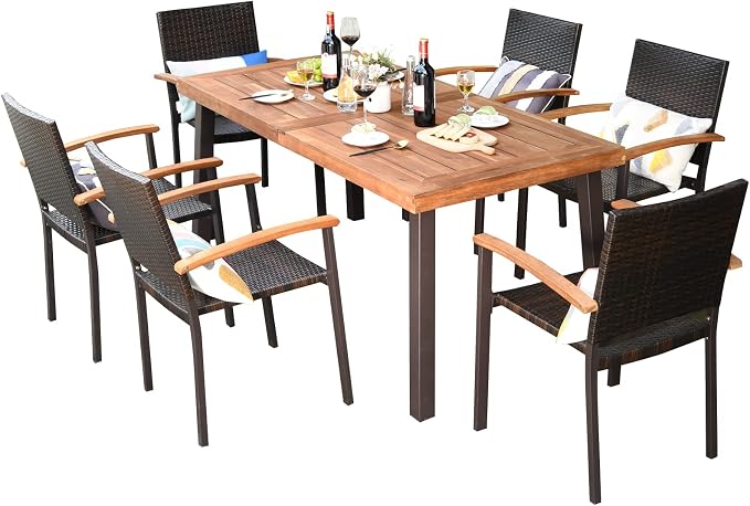 Tangkula 7-Piece Wicker Patio Dining Set, Patiojoy Outdoor Rattan Garden Yard Furniture Set, Acacia Wood Tabletop Dining Table with Umbrella Hole & 6 Stackable Rattan Chairs Set