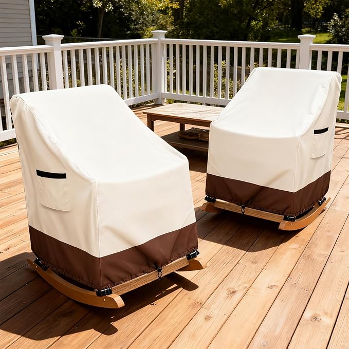 Outdoor Adirondack Rocking Chair Cover 2 Pack, Heavy Duty 600D Waterproof Patio Rocking Chairs Cover for 32" W x 35" D x 32" H Rocking Chair,Beige