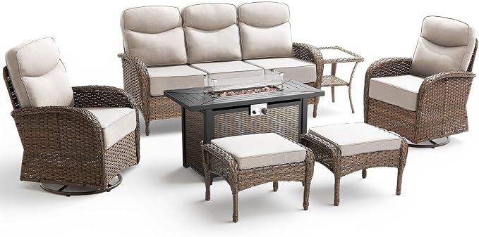 Luxury Patio Furniture Set with 42.5" Fire Pit Table, 6-Inch Thick Cushions Wicker Outdoor Furniture with Wicker Swivel Patio Chairs Set of 2, Patio Conversation Set for Deck Garden Porch, Beige