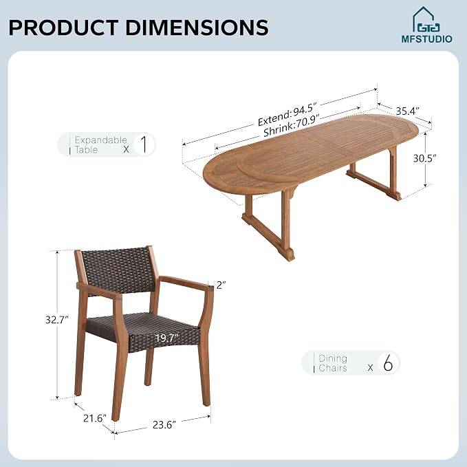 MFSTUDIO Teak Outdoor Dining Set for 6, Outdoor Wood Table and Chairs, Patio Expandable Dining Table with Rattan Chairs, 7 Pieces Wood Outdoor Patio Dining Furniture Set