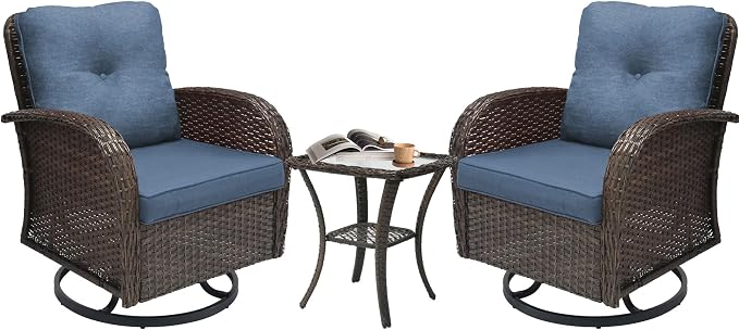 YLGJ&TIDY Outdoor Furniture Swivel Rocker Chairs 3PC Bistro Set 2 Brown Wicker Patio Glider Armchairs with Side Table Cushions Rocking Sofa for Porch Balcony Backyard Deck (Blue, 3PCS Swivel/Table)