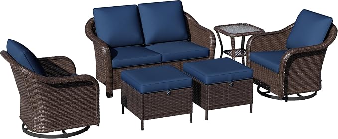 6 Piece Patio Wicker Conversation Set, All-Weather Use Outdoor Wicker Loveseat with 2 PE Rattan Ottomans,2 Swivel Chair, 1 Side Table, Ideal for Porch, Backyard, Balcony, Poolside, Blue