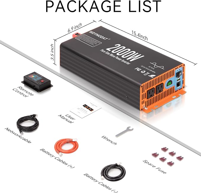2000W Pure Sine Wave Inverter,12V DC to 120V AC Car Power Inverter 4000W Peak with 2AC Outlets, 3.0A USB and Type-C, LCD Display 16.5 ft Remote Control for RV Truck Travel Solar Emergency
