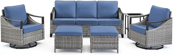 6 Piece Outdoor Patio Furniture Sets-High Back Wicker Swivel Rocker Patio Chairs Set of 2 with Thick Cushions Ottomans, Outdoor Sofa, Patio Conversation Sets for Porch Balcony Patio Deck Grey/Blue
