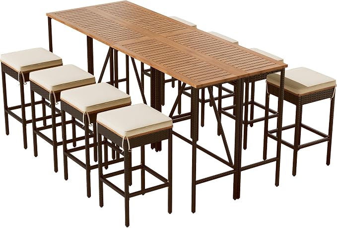 10 Piece Patio Table and Chairs Set for 8, 2 Acacia Wood Bar Height Table and 8 Stools with Cushions, PE Rattan Wicker Dining Table, Foldable Tabletop, Outdoor All-Weather Dining Set, Brown