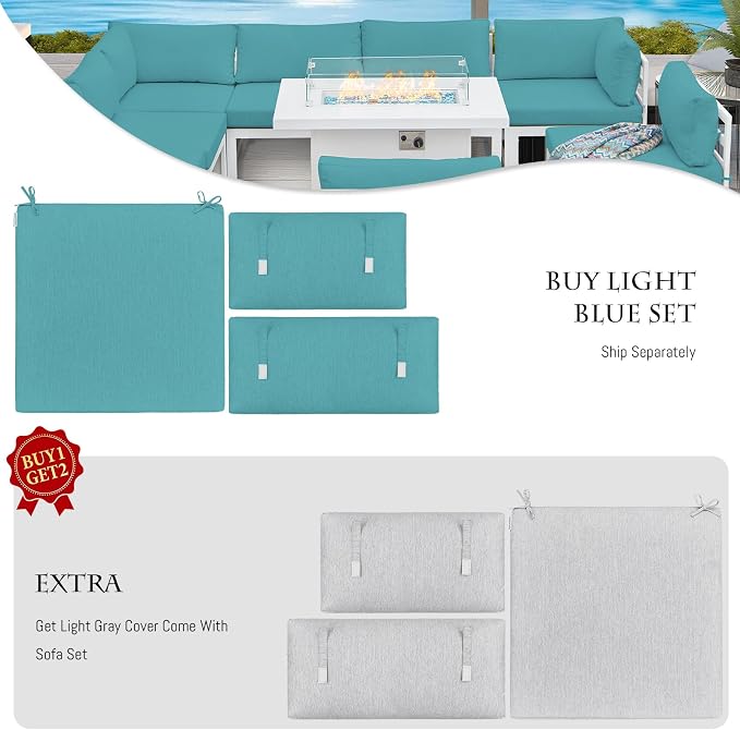 BULEXYARD 7 Seater Large Modern Aluminum Outdoor Sofa with Lay Out Chair & Fire Pit Table, 500 lbs Durable Sectional Set for Heavy People, All Weather Comfy Patio Furniture Set for Garden, Turquoise