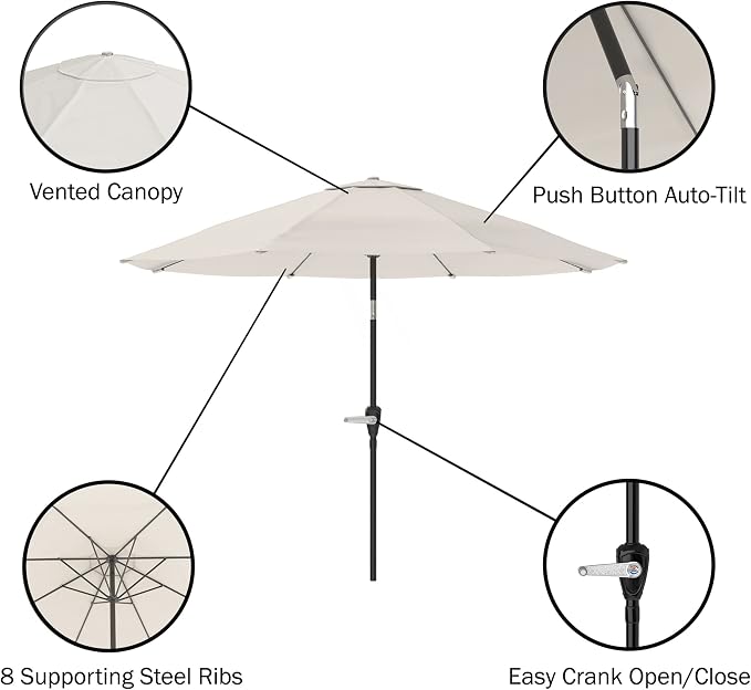 Alaterre Furniture Okemo 8 Piece Outdoor Dining Set with Umbrella - Solid Acacia Wood Outdoor Furniture Set with 63” Patio Table, 6 Patio Chairs, and 10ft Tan Umbrella