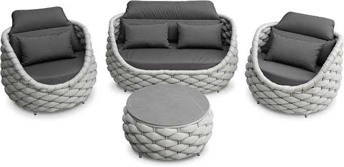Aluminum Patio Furniture Set: 4 Pieces Woven Rope Outdoor Conversation Sofa Set Assembled - Modern Cushioned Armchair Couch Set for 660lbs Porch Deck Backyard Poolside Garden Drawing Room Hotel