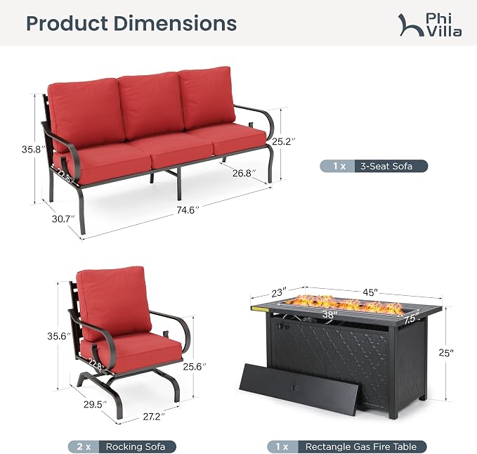 PHI VILLA Patio Furniture Set, 3-Seater Sofa, 2 Rocking Chairs and a 45" Fire Pit Table, Outdoor Metal Conversation Set with 5.75" Extra Thick Cushion for Garden Backyard Deck, Red