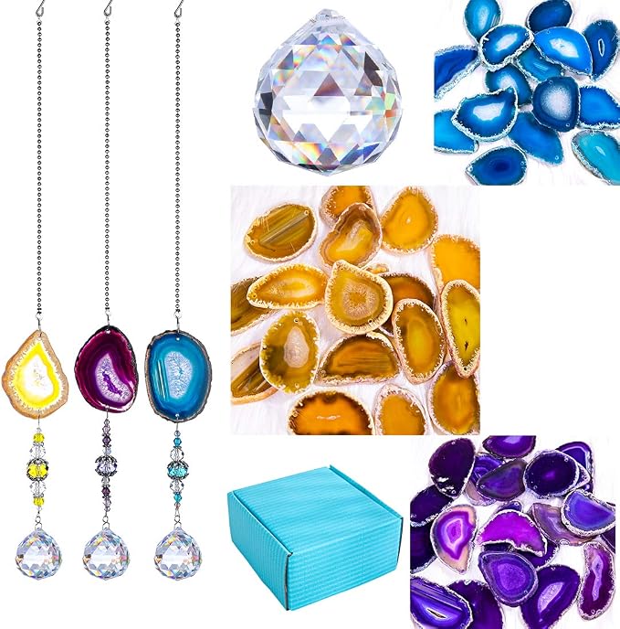 3 Pcs Crystal Ball Suncatcher with Agate Wind Chime Window Home Decor | Crystal Ball Suncatcher Wind Chime with Agate Slices Hanging Ornament Set of 3 for Window Garden Home Office Wedding Decor