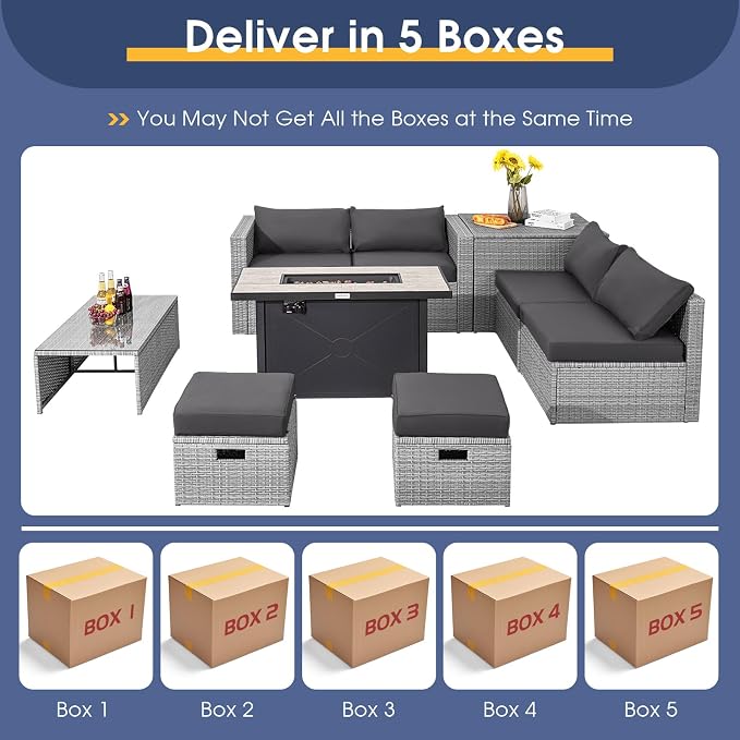 Tangkula 9 PCS Patio Furniture Set with 42” 60,000 BTU Fire Pit, Outdoor Space-Saving Sectional Sofa Set with Storage Box, Waterproof Covers Included (Gray)