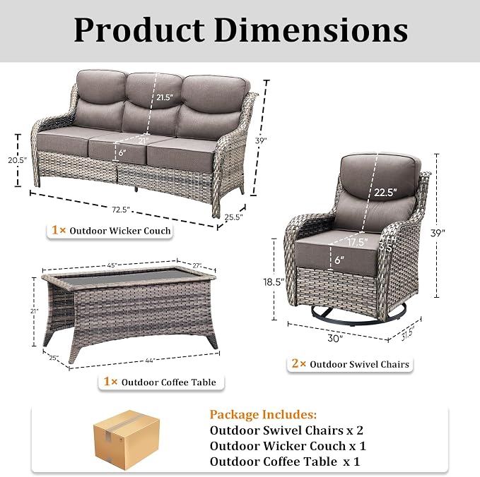 Luxury High Back Patio Furniture Set with 6-Inch Thick Cushions, 4-Pieces Outdoor Furniture with Swivel Chairs, Wicker Conversation Set for Porch, Balcony, Deck and Yard, Grey