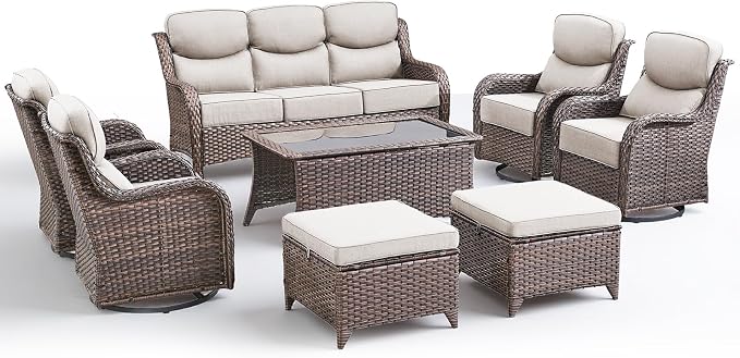 Luxury 8 Pieces Outdoor Patio Furniture Set-All Weather Wicker Swivel Rocker Patio Chairs with 6" Thick Cushion Rattan Sofa Coffee Table, Outdoor Conversation for Garden Porch Backyard(Brown/Beige)