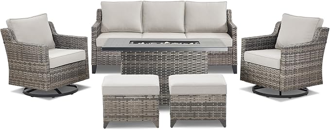 Patio Furniture Set with 42.5" Fire Pit Table-6 Pieces All Weather Wicker Outdoor Furniture with High Back Swivel Patio Chairs Set of 2 Outdoor Couch for Deck Backyard Beige/Gray