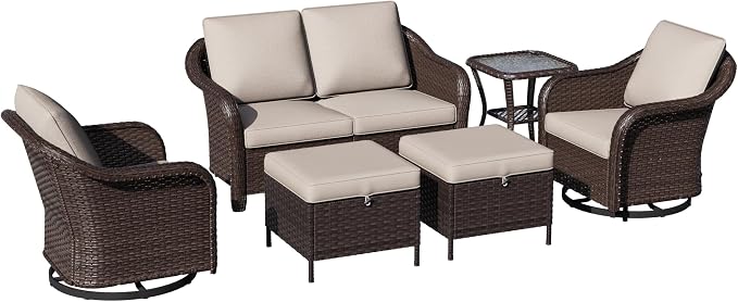 6 Piece Patio Wicker Conversation Set, All-Weather Use Outdoor Wicker Loveseat with 2 PE Rattan Ottomans,2 Swivel Chair, 1 Side Table, Ideal for Porch, Backyard, Balcony, Poolside, Beige