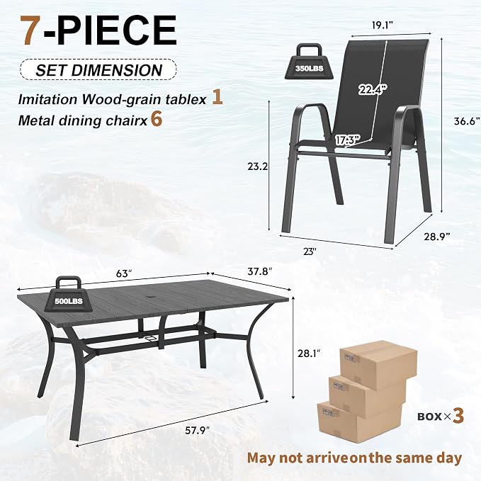 Outdoor Dining Set for 6, Patio Metal Table and Chairs Set with 1.97'' Umbrella Hole, 7pcs Patio Furniture Set 63”x37.8” Dining Table Set with Stackable Chairs for Backyard Pool Deck