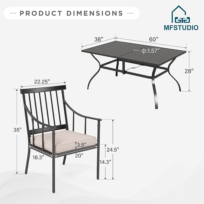 MFSTUDIO 7 PCS, Patio Dining Set, 60"x38", 2" Umbrella Hole | Steel, Metal, E-coated frame, Seats 6