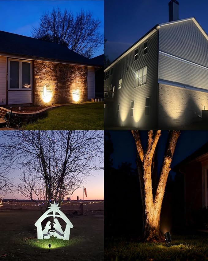 HIBOITEC 12W Plug in Outdoor Landscape Lights 4 Pack, 2900K 36° True COB LED Spotlight, ETL Listed Waterproof Uplights with Aluminum Stake for Tree Yard Driveway, No Transformer Needed