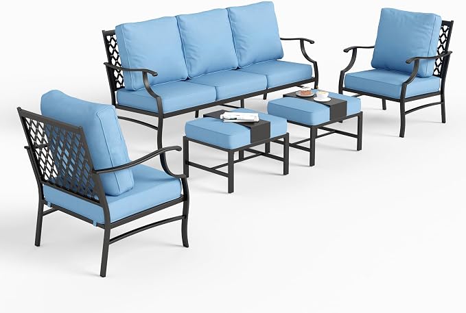 SUNSHINE VALLEY 5 Piece Metal Outdoor Patio Furniture Set, Patio Conversation Sets 1 3-seater Sofa, 2 Fixed Chair, 2 Ottomans with 5.75" Thick Cushion, Black All-weather Frame Backyard Furniture, Blue