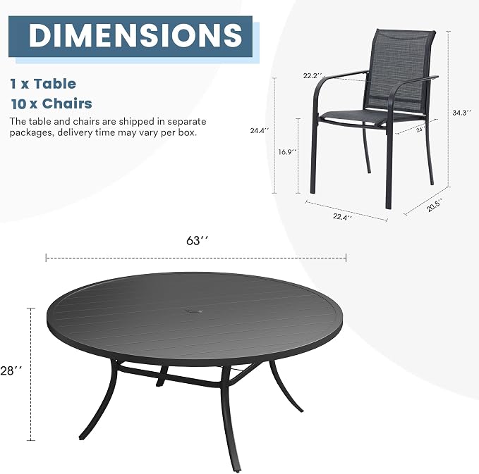 DIFY Patio Dining Set for 10, 11 Piece Outdoor Table and Chairs Set, 63" Black Round Metal Patio Dining Table and Grey Textilene Stackable Patio Chairs, for Backyard Garden Poolside