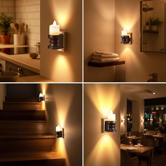 Meonum Flickering Flameless Candle Night Light Plug in, Dimmable LED Nightlight with Dusk to Dawn Sensor, Decorative Candle Light for Bedroom, Hallway, Bathroom(4 Pcs,Warm Yellow & Brown Base)