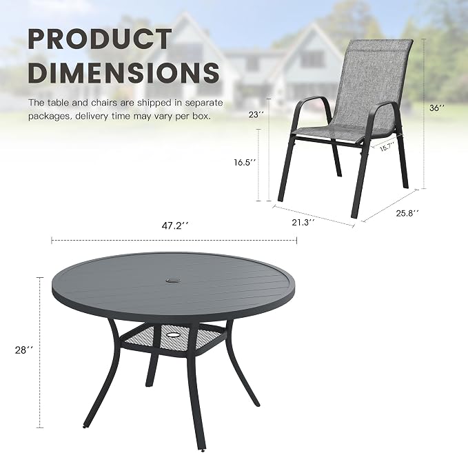 7 Pieces Outdoor Dining Set, 47.2" Round Table with Umbrella Hole & Stackable Patio Dining Chairs, Patio Table and Chairs Set for Deck Garden Porch, Grey Chairs & Dark Grey Table