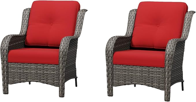 Patio Chairs Set of 2, Outdoor Wicker Patio Furniture Set with Thickened Olefin Cushions, High Back and Deep Seating, Wide Curved Armrest Hand-Woven PE Rattan for Porch, Deck, Red