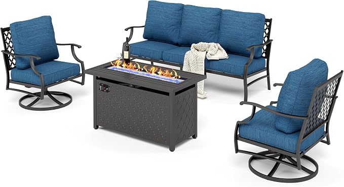 HERA'S HOUSE 4 Pieces Patio Furniture Set with Fire Pit Table, 2 x Swivel Cushioned Chair, 3-Seat Sofa with 45" Fire Pit Table, Outdoor Conversation Set for Garden Poolside Backyard, Pacific Blue