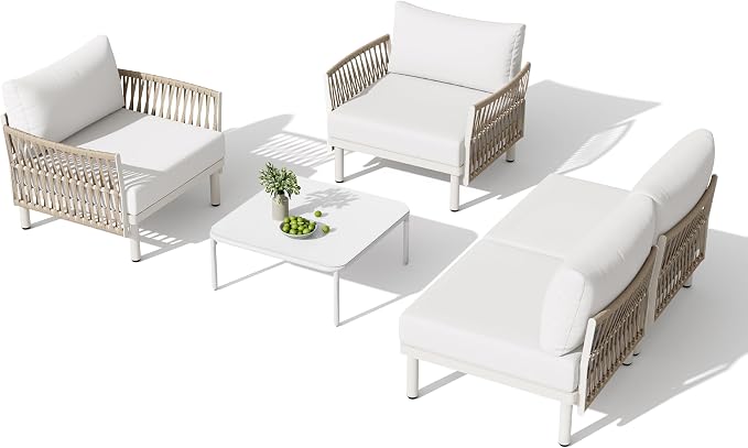 5-Piece Aluminum Modern Outdoor Sectional Sofa with Coffee Table - Weather-Resistant 31" Deep Seating Patio Conversation Set, 5.1" Thick Removable Cushions for Deck, Porch & Backyard, Beige
