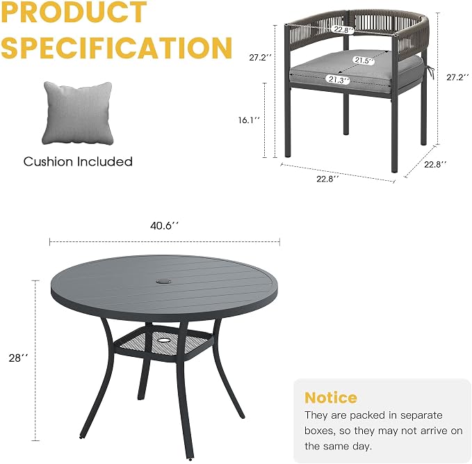 VICLLAX Patio Dining Set for 4-40.6" Round Table & Cushioned Seats, Grey