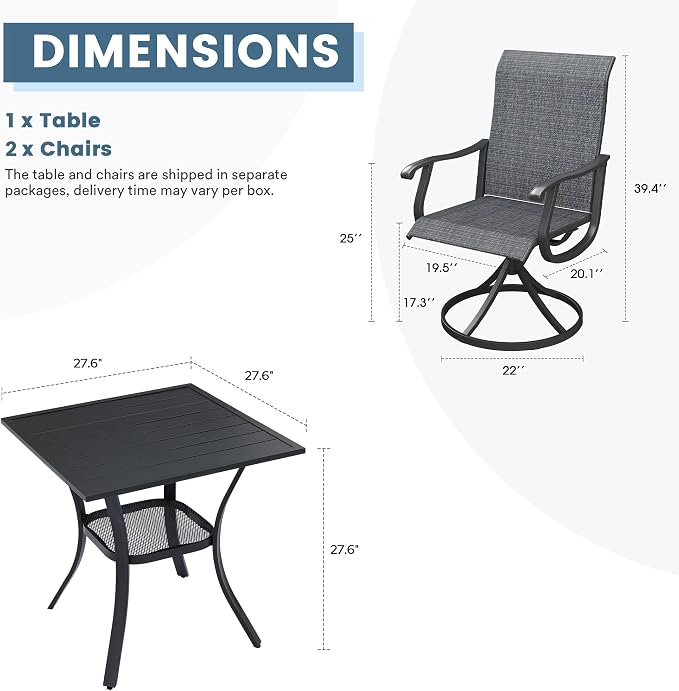 DIFY 3 Piece Outdoor Dining Set for 2, Patio Furniture Set with 27.6" Black Small Square Metal Dining Table & 2 Dark Grey Textilene Swivel Patio Chairs, for Garden Porch Deck
