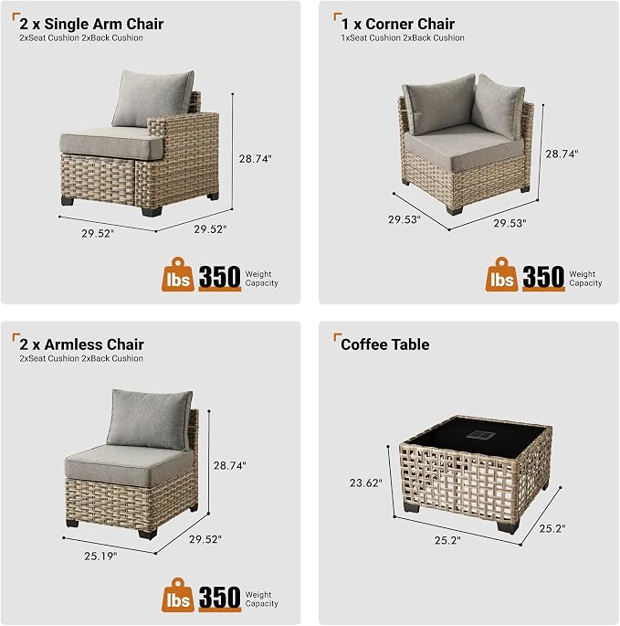 ovios 6 Piece Patio Sectional Furniture, Rattan Wicker Coversation Couch Set, Outdoor Sofa Set for Outside Porch Balcony Backyard Pool,Dark Grey