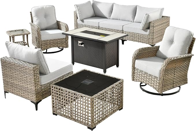 Outdoor Patio Furniture Sets,9 PCS Patio Conversation Set Outside Rattan Sectional Sofa with 42 in Fire Pit Table Wicker Rocking Chair Coffee Table Fit Backyard Porch Garden Poolside Balcony
