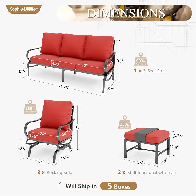Sophia & William Patio Furniture Sets 5 Seats Outdoor Metal Conversation Sets 5 Pcs with 2 x Cushioned Swivel Sofa Chairs,1 x 3-Seat Sofa,2 x Ottomans for Coffee Lawn Backyard Poolside Red