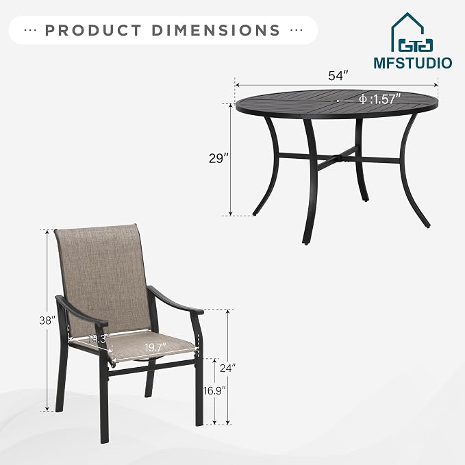 MFSTUDIO 7 Piece Outdoor Dining Set, 54" Round Table & Textilene Chairs | Weather-resistant, 6 person, Breathable & quick-drying Textilene, Metal Frame, Umbrella hole, Outdoor deck backyard