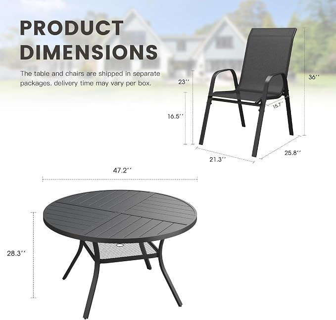 7 Pieces Outdoor Dining Set, 47.3" Spliced Patio Table with Umbrella Hole & Stackable Outdoor Dining Chairs, Patio Furniture Set for Deck Garden Porch, Black Chairs & Black Table