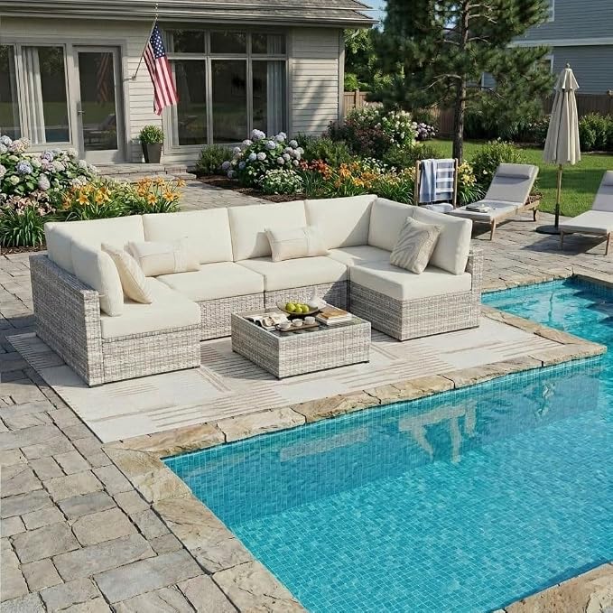 KIGOTY 7-Piece Patio Furniture Set, All-Weather PE Rattan Outdoor Sectional Sofa, Modular Wicker Conversation Set with Thick Cushions & Easy-Clean Coffee Table(Grey White/Grey)