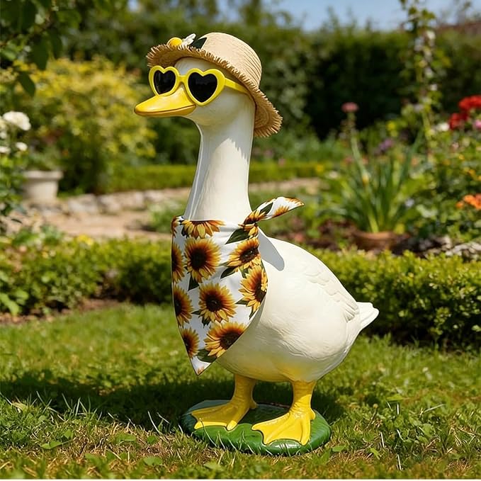 Sunflower Porch Goose Outfits, Goose Statue Clothes with Straw Hat + Heart Sunglasses + Sunflower Triangle Bandana for 17'' / 23'' Lawn Statues Outdoor Garden Yard Decor