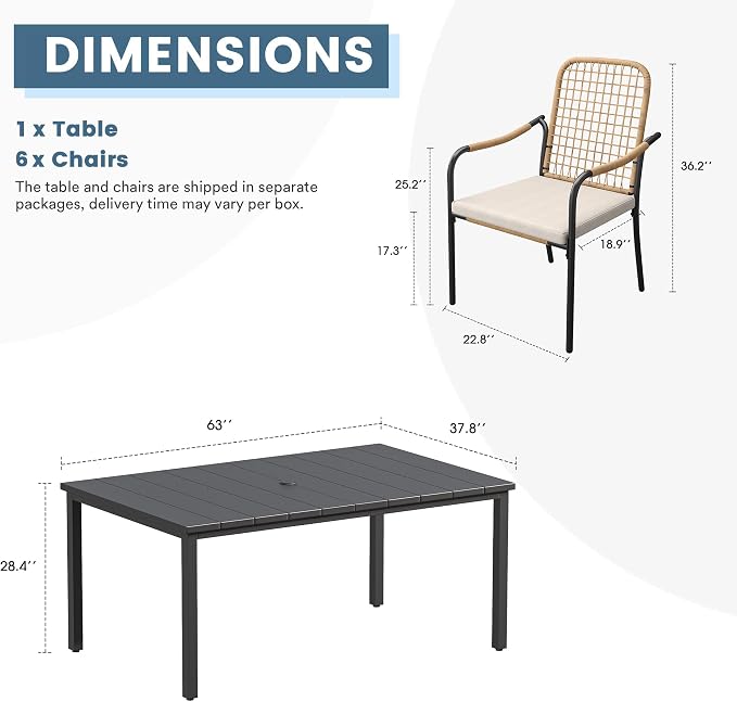 DIFY 7 Pieces Outdoor Dining Set, Metal Patio Table and Chairs Set for 6, 63" Rectangle Dining Table with Umbrella Hole & Wicker Stackable Patio Chairs with Cushions, Black Tabletop