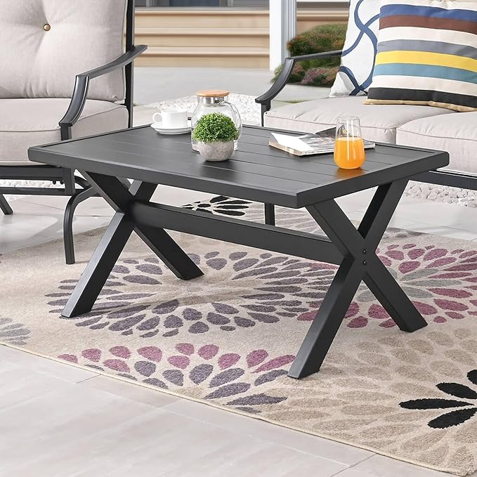 Patio Conversation Set 4 Pieces Metal Outdoor Furniture Sets Outside Loveseat with Rocking Chairs Coffee Table Thick Cushions (Beige)