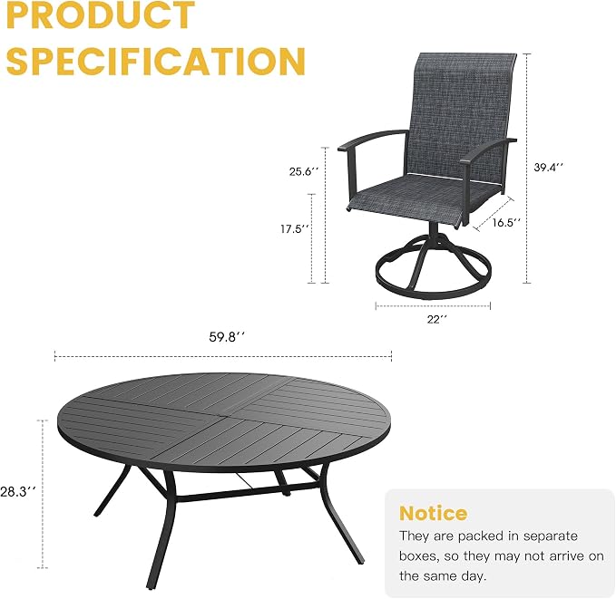 VICLLAX Outdoor Table and Chairs Set of 8, Metal Patio Dining Set-59.9" Round Dining Table and 8 Swivel Chairs for Deck, Lawn and Garden, Black Table and Chairs