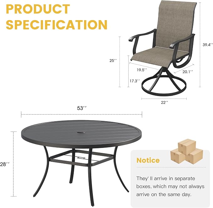 VICLLAX Patio Dining Set for 6, 7 Pieces Outdoor Furniture Includes 53" Round Patio Table with Umbrella Hole and 6 Outdoor Swivel Chairs for Lawn Garden, Black Tabletop and Mixed Brown Fabric