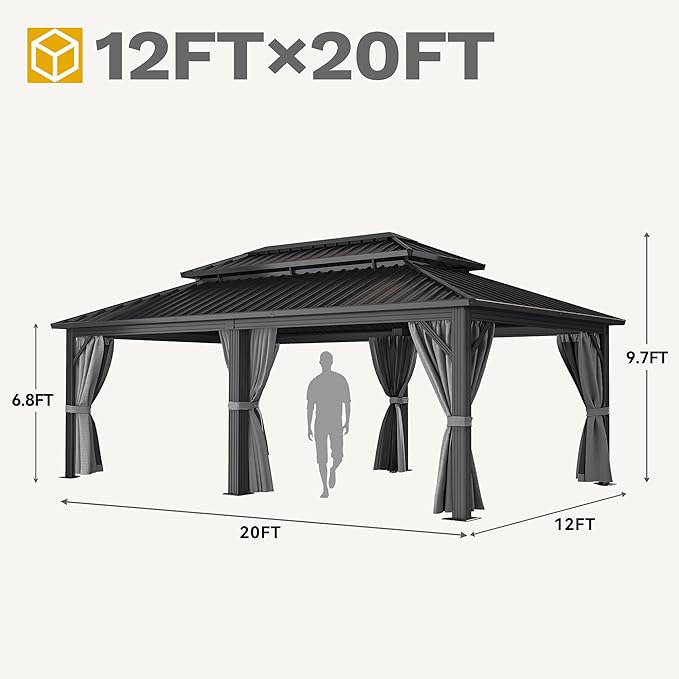 DWVO 12x20ft Gazebo Double Roof Hardtop with Nettings and Curtains, Heavy Duty Galvanized Steel Outdoor Vertical Stripes Roof for Patio, Backyard, Deck, Lawns, Grey