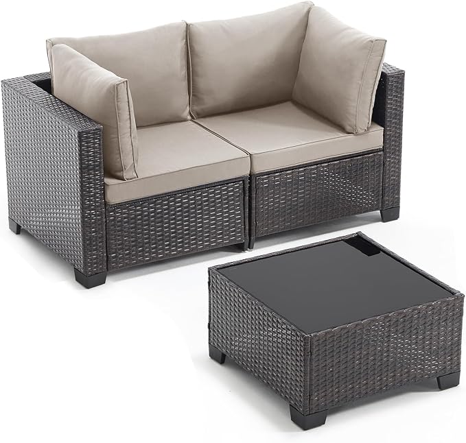 ANJ 3 Piece Outdoor Wicker Patio Furniture Set, Modular Loveseat Sofa with with Glass Top Coffee Table, All-Weather Rattan Conversation Couch Set for Balcony, Backyard, Dark Brown Wicker-Grey