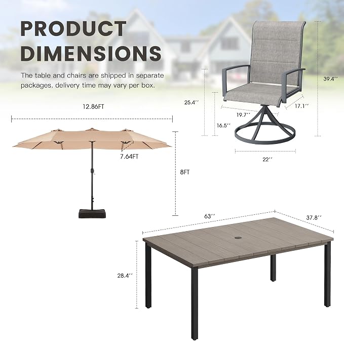 Outdoor Dining Set for 6, 8 Pieces Patio Table and Chairs Set with Umbrella, 63" Outdoor Dining Table and Padded Textilene Patio Swivel Chairs for Garden Backyard, Grey