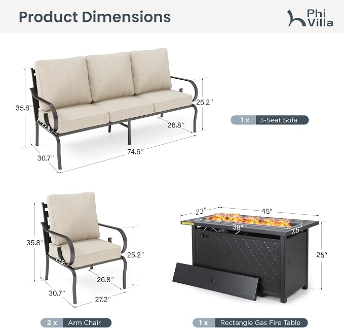 PHI VILLA Patio Furniture Set, 3-Seater Sofa, 2 Fixed Chairs and a 45" Fire Pit Table, Outdoor Metal Conversation Set with 5.75" Extra Thick Cushion for Garden Backyard Deck, Beige