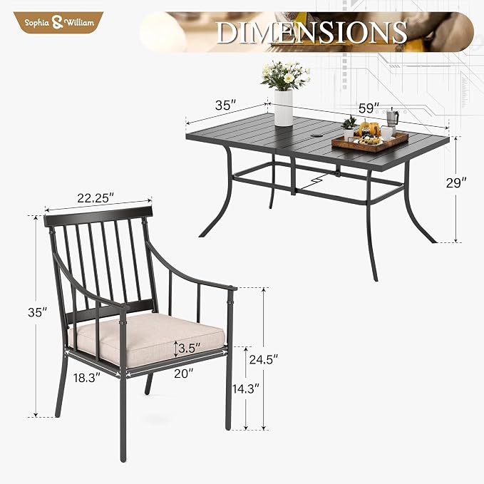 Sophia & William 7-Piece Patio Dining Set, Metal Table, Stright Leg Chairs | Cushions, Umbrella Hole, 300 lbs Chair Capacity