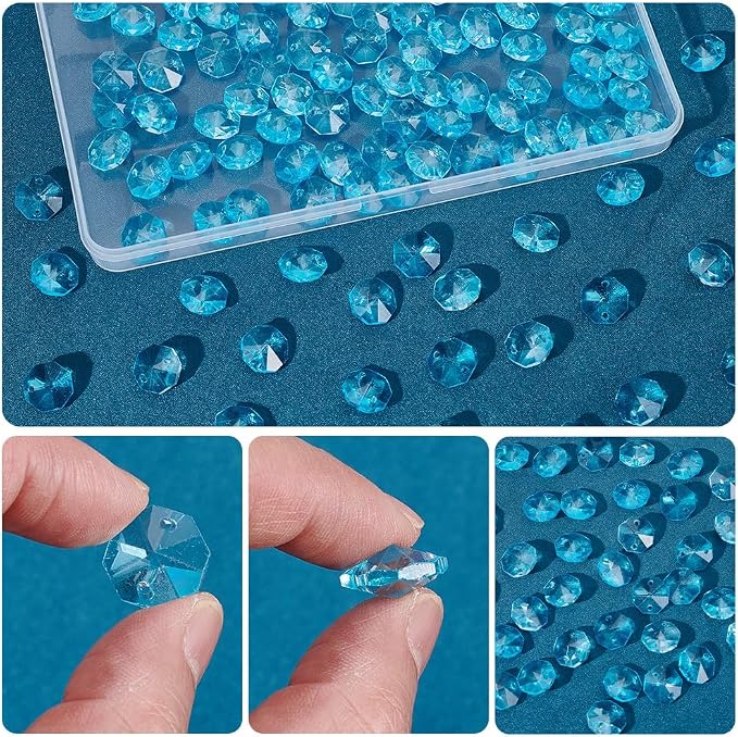 1 Box 120Pcs Light Blue 14mm Crystal Glass Octagon Beads Suncatcher Prism Beads Bulk 2 Hole Prism Chandelier Replacement Connector Faceted Spacers for DIY Lamp Hanging Pendant Jewelry Craft
