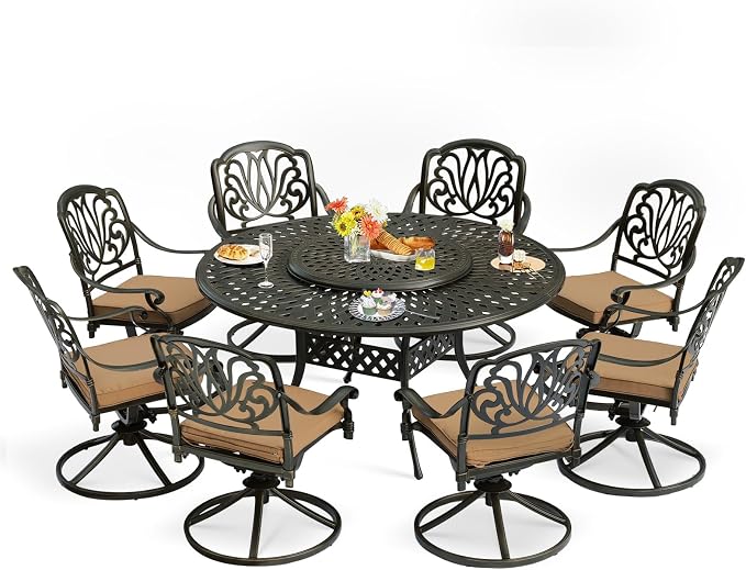 9-Piece Patio Furniture Dining Set, Cast Aluminum Outdoor Conversation Set- 61" Round Patio Dining Table with Detachable Lazy Susan & 8 Cushioned Swivel Rocker Chairs, Umbrella Hole, Khaki